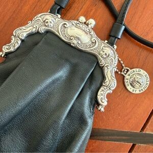 Brighton Black One World Leather and Sliver Kiss Lock Mini Bag